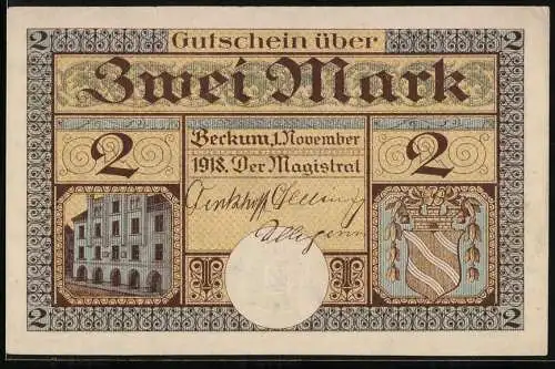 Notgeld Beckum, 1918, Zwei Mark, Gebäude und Wappen, Ohl! Sancta simplicitas!