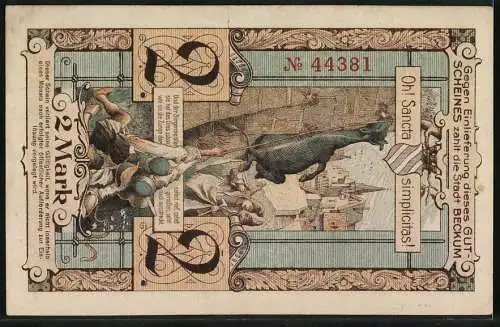 Notgeld Beckum, 1918, Zwei Mark, Gebäude und Wappen, Ohl! Sancta simplicitas!