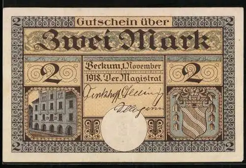 Notgeld Beckum, 1918, 2 Mark, Gutschein über Zwei Mark mit Gebäude und Wappen, Rückseite mit Illustrationen