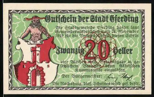 Notgeld Eferding 1919, 20 Heller, Stadtwappen mit Burg und Kirche im Hintergrund