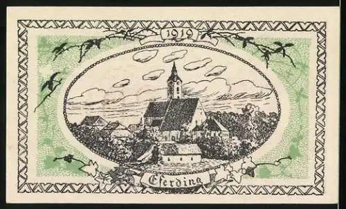 Notgeld Eferding 1919, 20 Heller, Stadtwappen mit Burg und Kirche im Hintergrund