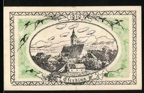 Notgeld Eferding 1919, 20 Heller, Gutschein der Stadt Erding mit Stadtansicht und Wappen