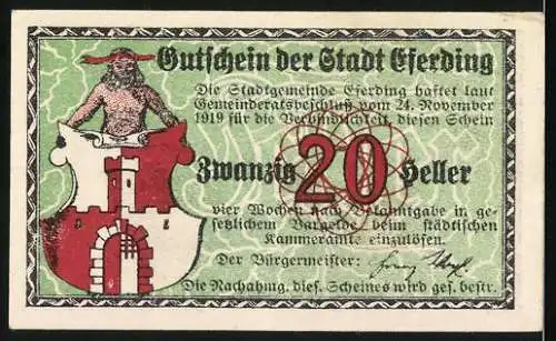 Notgeld Eferding 1919, 20 Heller, Gutschein der Stadt Erding mit Stadtansicht und Wappen