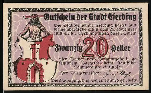 Notgeld Eferding 1919, 20 Heller, Gutschein der Stadt Erding mit Wappen und Stadtansicht