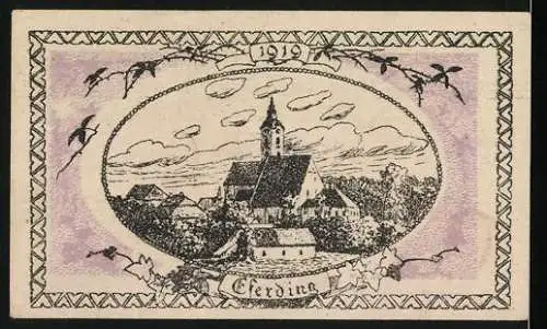 Notgeld Eferding 1919, 20 Heller, Gutschein der Stadt Erding mit Wappen und Stadtansicht