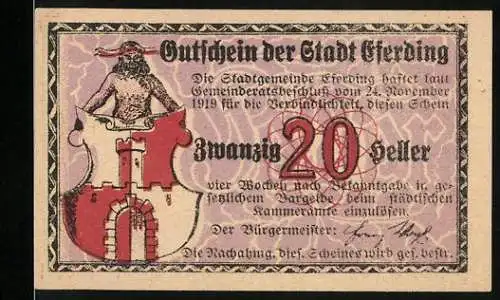 Notgeld Eferding 1919, 20 Heller, Gutschein der Stadt mit Stadtwappen und Kirche