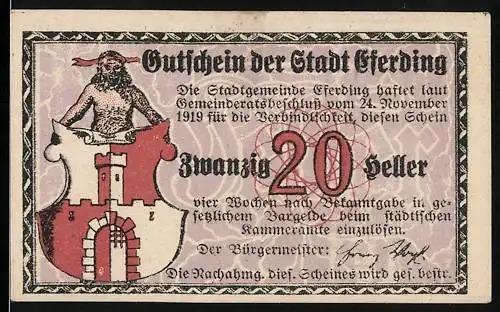 Notgeld Eferding, 1919, 20 Heller, Gutschein der Stadt Eferding mit Stadtwappen und Stadtszene