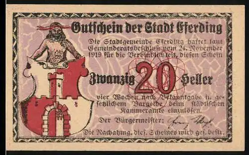 Notgeld Eferding 1919, 20 Heller, Gutschein der Stadt Erding mit Stadtwappen und Landschaftsillustration