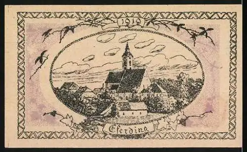 Notgeld Eferding 1919, 20 Heller, Gutschein der Stadt Erding mit Stadtwappen und Landschaftsillustration