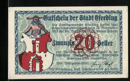 Notgeld Eferding 1919, 20 Heller, Stadtwappen und Stadtansicht, Rückseite Kirche und Landschaft