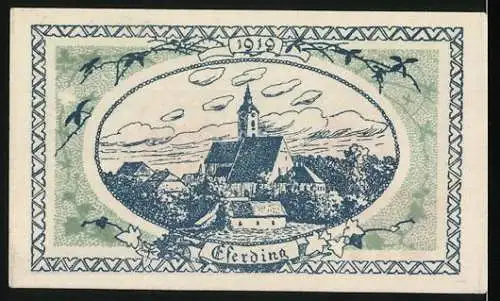 Notgeld Eferding 1919, 20 Heller, Stadtwappen und Stadtansicht, Rückseite Kirche und Landschaft