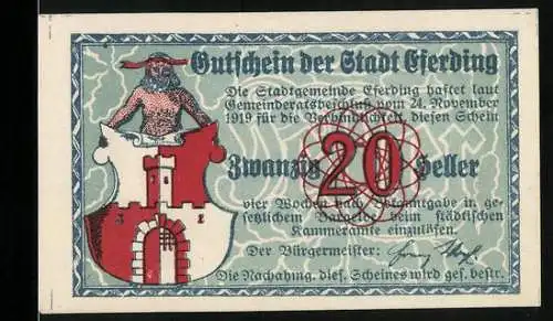 Notgeld Eferding 1919, 20 Heller, Gutschein der Stadt Eferding mit Stadtwappen und Kirche