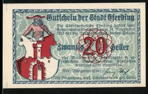 Notgeld Eferding 1919, 20 Heller, Gutschein der Stadt Erding mit Stadtwappen und Kirche