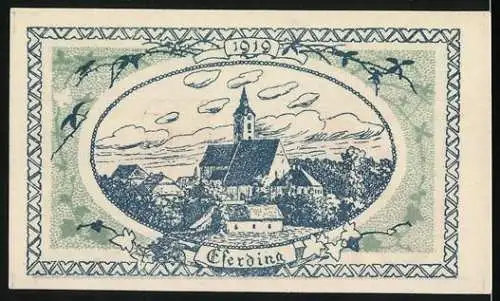 Notgeld Eferding 1919, 20 Heller, Gutschein der Stadt Erding mit Stadtwappen und Kirche