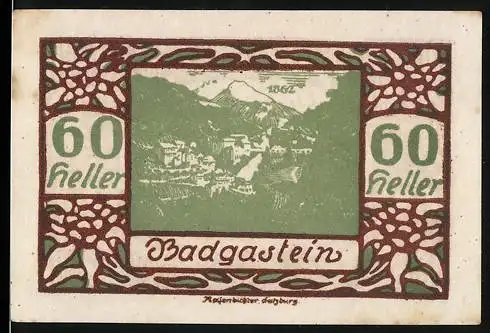 Notgeld Badgastein, 1920, 60 Heller, Landschaft und dekorative Elemente