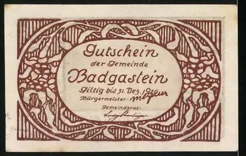 Notgeld Badgastein, 1921, 10 Heller, Stadtansicht mit dekorativem Rahmen und Rückseite mit Gültigkeitshinweis bis 31.