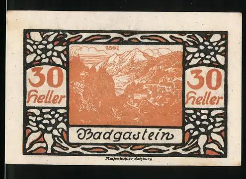 Notgeld Badgastein 1920, 30 Heller, Ansicht der Stadt mit Bergen und Rückseite mit Text