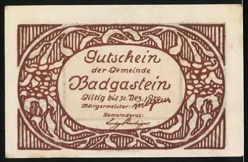 Notgeld Badgastein 1920, 30 Heller, Ansicht der Stadt mit Bergen und Rückseite mit Text