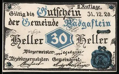 Notgeld Badgastein, 1920, 30 Heller, Gutschein der Gemeinde, Gebäudeansicht im Hintergrund