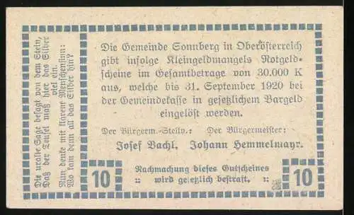 Notgeld Sonnberg, 1920, 10 Heller, Gutschein der Gemeinde Sonnberg mit Landschaftsmotiv