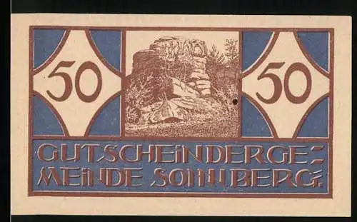 Notgeld Sonnberg, 1920, 50 Heller, Felsenmotiv mit Text und Unterschriften auf der Rückseite