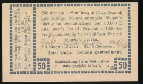 Notgeld Sonnberg, 1920, 50 Heller, Felsenmotiv mit Text und Unterschriften auf der Rückseite