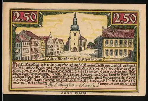 Notgeld Insterburg, 2,50 Mark, Alter Markt mit Lutherkirche und Stadtsilhouette