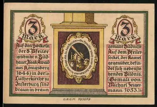 Notgeld Insterburg, 3 Mark, Bildnis und Stadtsilhouette, Konto 0, Nr. 027414