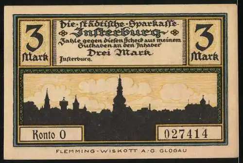 Notgeld Insterburg, 3 Mark, Bildnis und Stadtsilhouette, Konto 0, Nr. 027414