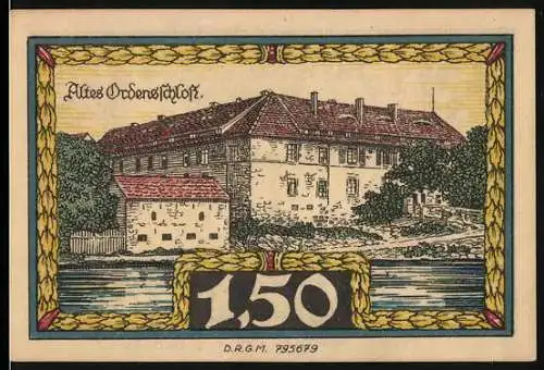 Notgeld Insterburg, 1,50 Mark, Altes Ordensschloss und Stadtsilhouette, Konto H, Nummer 015136