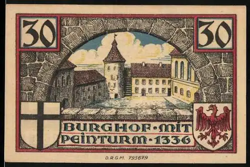 Notgeld Insterburg, 30 Pfennig, Burghof mit Peinturm und Stadtansicht