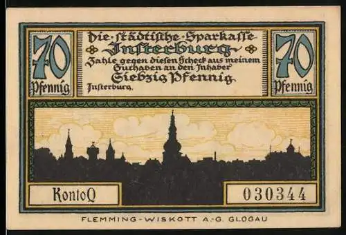 Notgeld Insterburg, 70 Pfennig, Stadtsparkasse mit Stadtwappen und Skyline-Silhouette, 030344