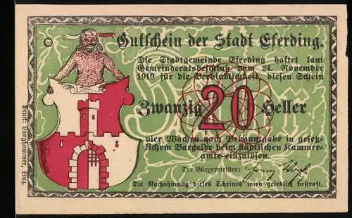 Notgeld Eferding 1919, 20 Heller, Stadtansicht mit Kirche und Ritterwappen