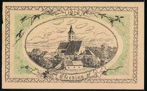 Notgeld Eferding 1919, 20 Heller, Stadtansicht mit Kirche und Ritterwappen