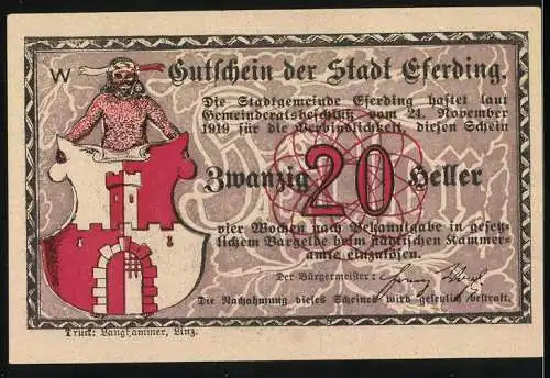 Notgeld Eferding 1919, 20 Heller, Stadtszene und Wappen mit rotem Tor und Figur