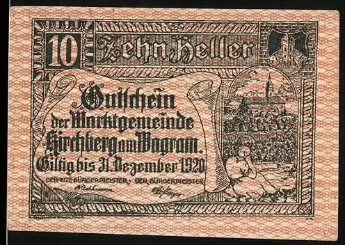 Notgeld Kirchberg am Wagram 1920, 10 Heller, Gutschein der Marktgemeinde gültig bis 31. Dezember 1920