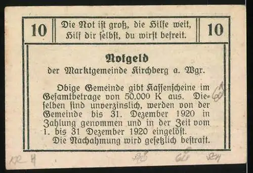 Notgeld Kirchberg am Wagram 1920, 10 Heller, Gutschein der Marktgemeinde gültig bis 31. Dezember 1920