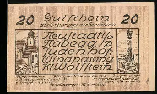 Notgeld Neustadtl a. Nabegg, 1920, 20 Heller, Gutschein der Ortsgruppe der Gemeinden, Ortsansichten