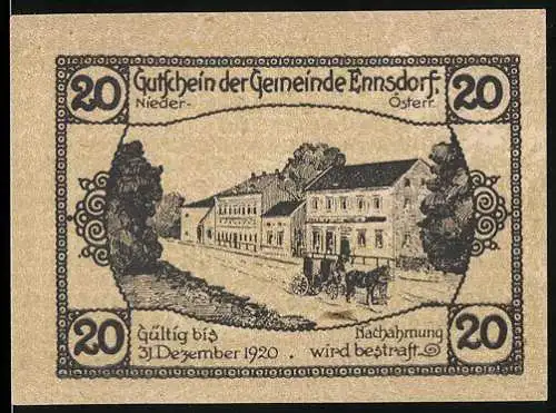 Notgeld Ennsdorf 1920, 20 Heller, Gebäude und Gemeindewappen