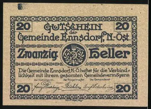 Notgeld Ennsdorf 1920, 20 Heller, Gebäude und Gemeindewappen