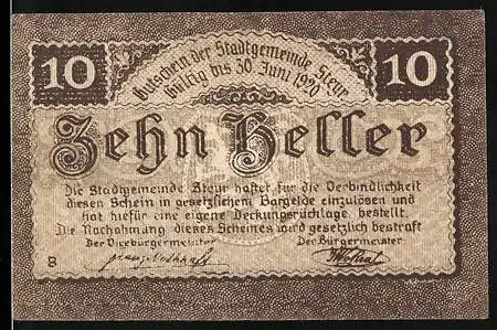 Notgeld Steyr 1919, 10 Heller, Ausgabedatum 4. November 1919, gültig bis 30. Juni 1920, Löwe und Wertangabe