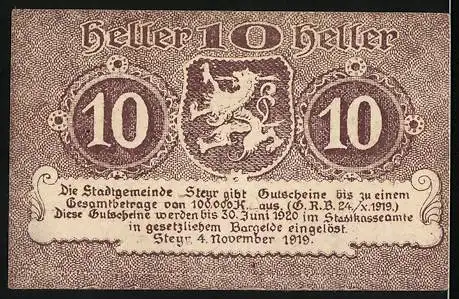 Notgeld Steyr 1919, 10 Heller, Ausgabedatum 4. November 1919, gültig bis 30. Juni 1920, Löwe und Wertangabe