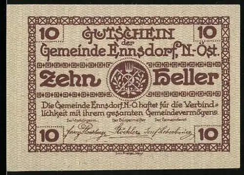 Notgeld Ennsdorf 1920, Zehn Heller, Gutschein der Gemeinde Ennsdorf N.-Öst, Gebäude und Verzierung