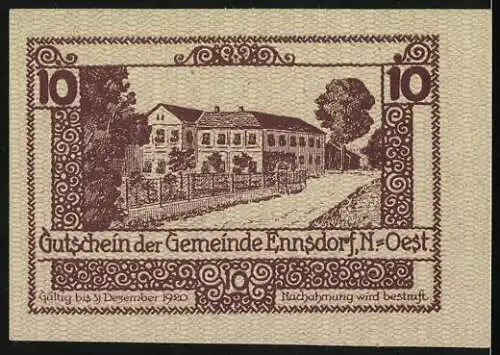 Notgeld Ennsdorf 1920, Zehn Heller, Gutschein der Gemeinde Ennsdorf N.-Öst, Gebäude und Verzierung