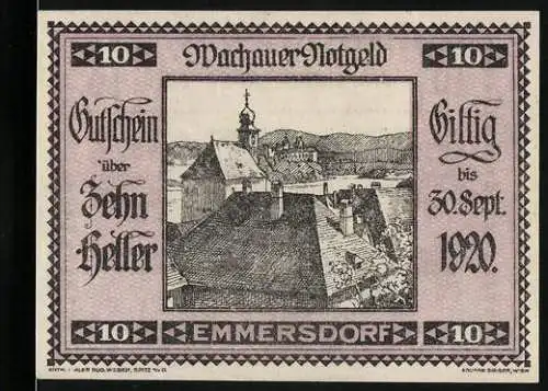 Notgeld Spitz / Donau 1920, 10 Heller, Wachauer Notgeld gültig bis 30. Sept. 1920, Kirche und Gebäude