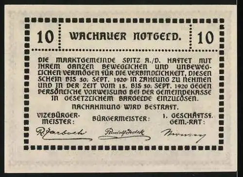 Notgeld Spitz / Donau 1920, 10 Heller, Wachauer Notgeld gültig bis 30. Sept. 1920, Kirche und Gebäude