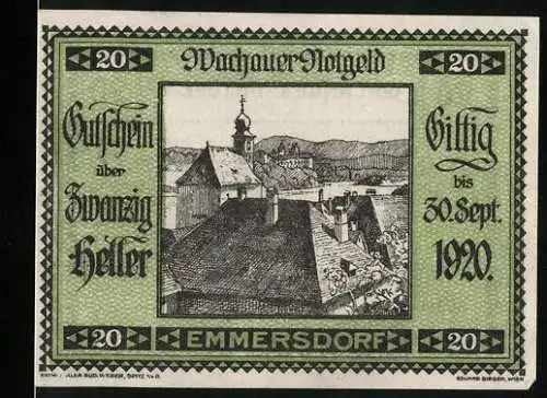 Notgeld Spitz / Donau 1920, 20 Heller, Wachauer Notgeld mit Landschaftsmotiv und Verfalldatum 30. Sept. 1920