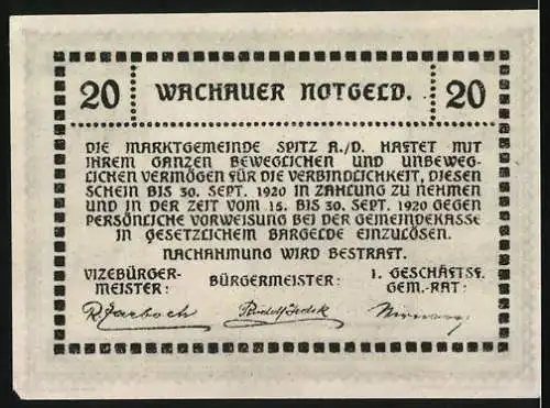 Notgeld Spitz / Donau 1920, 20 Heller, Wachauer Notgeld mit Landschaftsmotiv und Verfalldatum 30. Sept. 1920