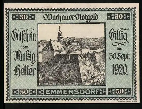 Notgeld Spitz / Donau 1920, 50 Heller, Wachauer Notgeld mit Landschaft und Text