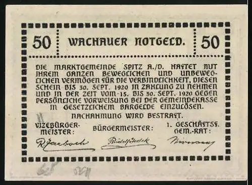 Notgeld Spitz / Donau 1920, 50 Heller, Wachauer Notgeld mit Landschaft und Text